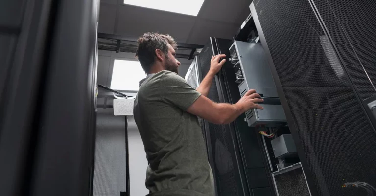 IT engineer working on availability uptime and downtime in server room